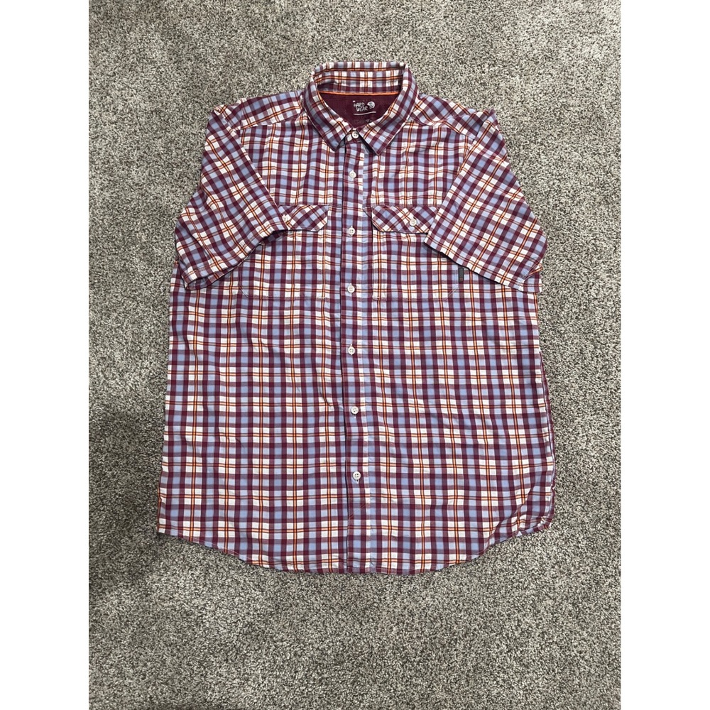 Mountain Hardwear Mens Large Plaid Short Sleeve Button Up Hiking Shirt Burgundy